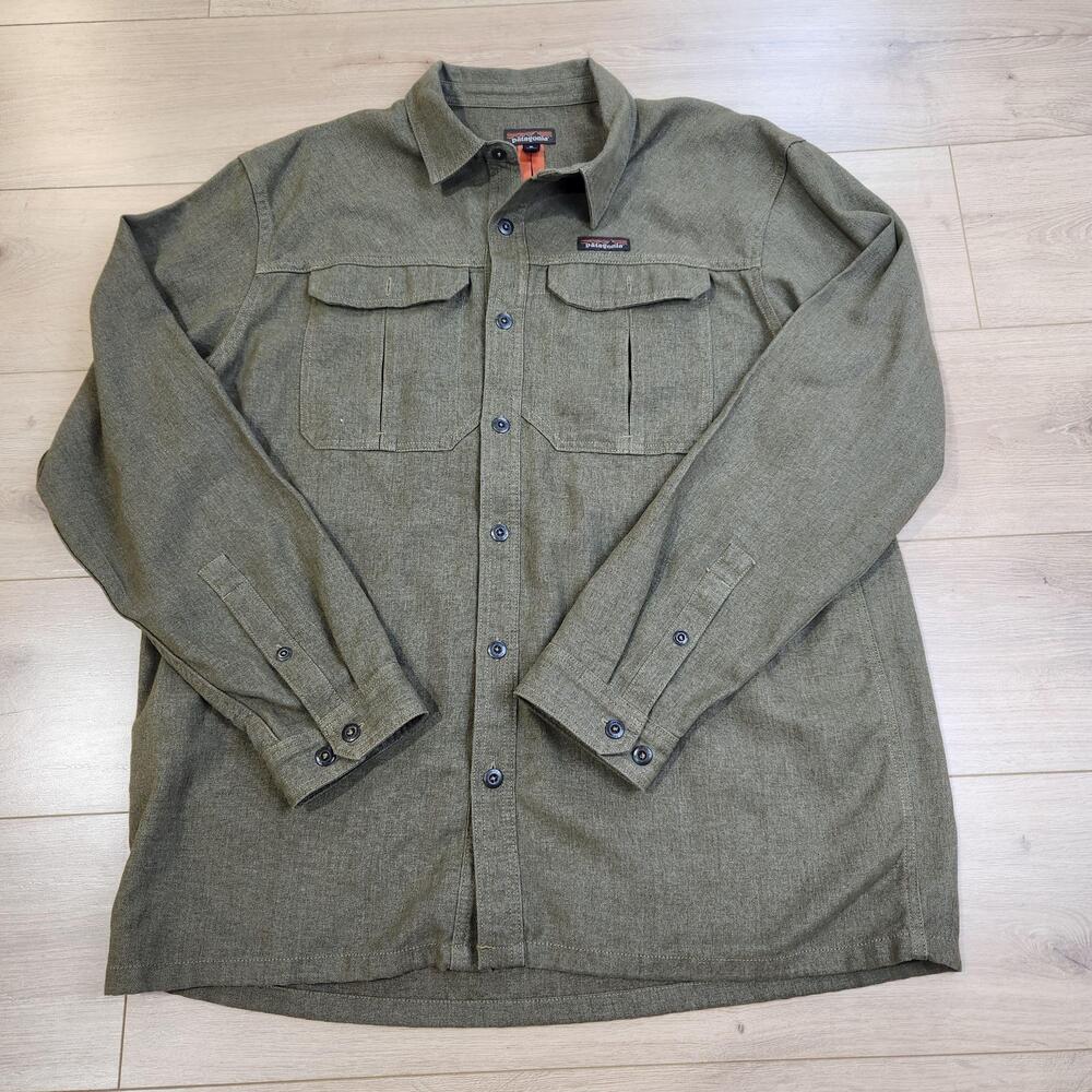 Patagonia Farriers Shirt Mens XL Green Solid Long Sleeve Button Up Hemp Outdoor